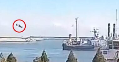 This is the moment before an apparent Ukrainian drone slammed into Russia 's Caspian Sea flotilla in a strike hundreds of miles behind the frontline