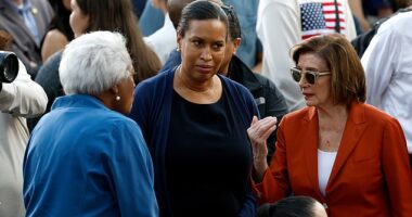 Speaker Emerita Nancy Pelosi (right) was caught on camera in a heated discussion with former acting DNC Chair Donna Brazile (left) as Washington, D.C. Mayor Muriel Bowser (center) stood between them