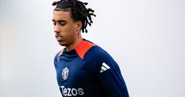 Leny Yoro pictured training at Manchester United's Carrington training ground on Monday