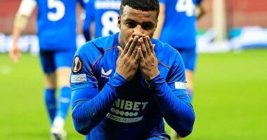 Hamza Igamane celebrates after scoring Rangers' fourth goal against a shell-shocked Nice
