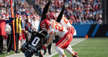 Panthers tight end Ja'Tavion Sanders was carted off the field after landing on his head