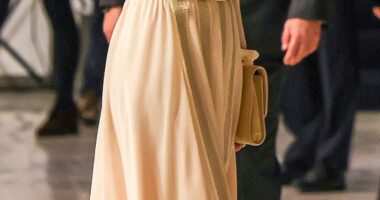 Queen Letizia of Spain looked sensational in a classy beige dress as she attended the opera with her husband King Felipe today