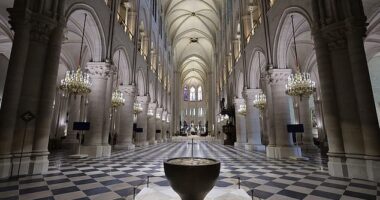 General view of the Cathedrale Notre-Dame of Paris as French President Emmanuel Macron visits the construction site to thanks the donors and workers who worked to rebuild the monument after the fire that ravaged the cathedral on 15 April 2019 in Paris, France, 29 November 2024