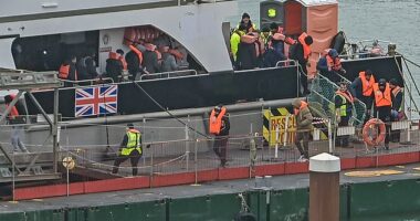 The bumper bill does not include the cost of intercepting people crossing the Channel. Pictured are new arrivals earlier this month
