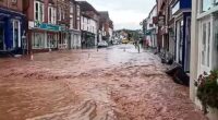 The middle of Tenbury Wells, Worcestershire, was seen submerged in water after the nearby Kyre Brook filled up and broke a wall