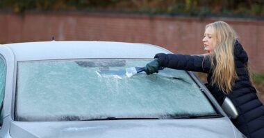 People living in parts of England, Scotland, Wales and Northern Ireland have been told to brace themselves over the next few days, as snow falls, the mercury plummets and conditions become icy (pictured: A motorist scrapes ice of the windscreen of a car in Newcastle)