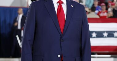 A Hollywood spray tan technician has shared her theory on the mystery method behind Donald Trump 's infamous tan. (Trump pictured in Raleigh, North Carolina on Monday)