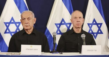 Israeli Prime Minister Benjamin Netanyahu, left, and Defense Minister Yoav Gallant attend a press conference in the Kirya military base in Tel Aviv, Israel