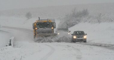 A snowplough on the A35 at Askerswell in Dorset this morning as heavy snow hits the area