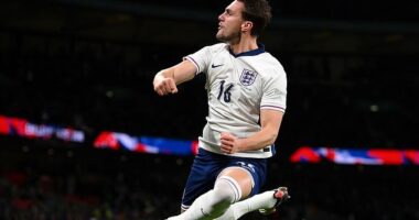 Taylor Harwood-Bellis scores on his England debut against future father-in-law Roy Keane's Republic of Ireland - with Man United legend watching on at Wembley during Nations League clash