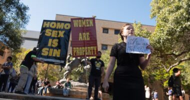 Texas campus in uproar as protesters hold signs declaring ‘women are property’ on quad after Trump victory