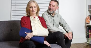 Jane Alexander and her ex-husband Adrian, who looked after her when she broke both her arms