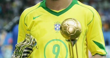 Adriano is pictured with his Golden Boot and Golden Ball awards following the FIFA 2005 Confederations Cup Final. He was tipped to be the next great Brazilian striker before tragedy derailed his career