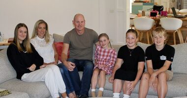 Cam McLellan's (centre) three youngest children, Ruby, nine, (centre right) Angus, 15, (right) and Lucy, 13, (second from right) bought a four-bedroom home two years ago for $671,000. Because he fears they might one day lose their investment in a divorce, he has made them sign a contract saying they will get prenups before marrying. His eldest daughter, Hannah (left), who will turn 18 in March, is saving for a deposit for her own home. Cam admits it took some convincing for his wife Felicity (second from left) to get onboard with the idea
