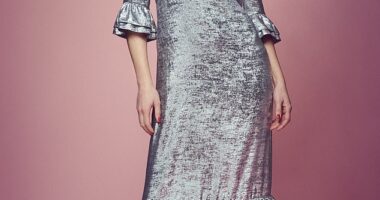Silver dress, £189, Mint Velvet at johnlewis.com; shoes, £30, riverisland.com