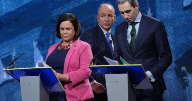 Sinn Fein leader Mary Lou McDonald, Fianna Fail leader Micheal Martin and Fine Gael leader Simon Harris