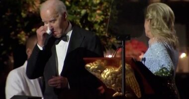 Joe Biden broke down in teats as his wife introduced him at his final farewell dinner at the White House on Friday evening