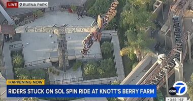 The Sol Spin ride at Knott's Berry Farm was brought to a screeching halt at around 2pm on Monday, with thrill seekers being left to dangle