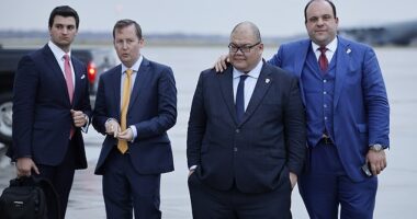 Steven Cheung (third from right, with Trump advisor Boris Epshteyn) is rejoining the White House as Communications Director