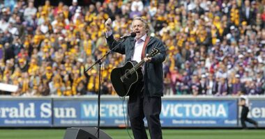 Australian musical legend Mike Brady has become a victim of a thoughtless crime, after thieves pinched a priceless guitar. Beloved by AFL fans for his regular performances at Grand Final time, Brady pleaded for information about the one of a kind instrument on his Instagram. Pictured: Brady performing his beloved anthem Up There Cazaly at the 2013 AFL Grand Final