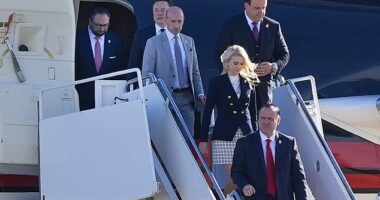 Natalie Harp (center stairwell) joined l. to r.) President-elect Donald Trump and his top advisers Jason Miller, Elon Musk, Stephen Miller, Boris Epshteyn and Dan Scavino on Nov. 13, 2024 for White House meeting with President Joe Biden