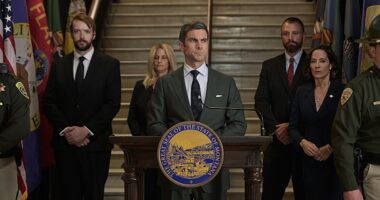 L-R: Wes Bentley as Jamie Dutton and Wendy Moniz as Governor Perry on episode 509 of Paramount Network's Yellowstone