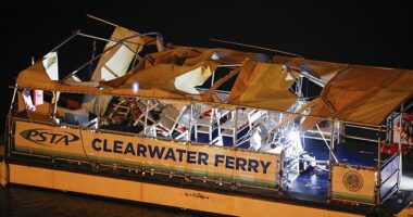 Extraordinary photos show the sheer extent of the damage to the small ferry, with parts of the roof entirely torn down and plastic chairs collapsed in on themselves from the impact of the collision