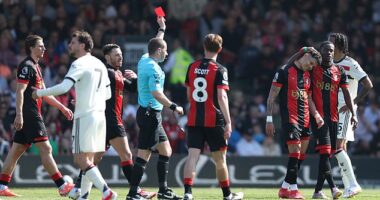 Evanilson (2nd right) was shown a red card during Sunday's game against Man United
