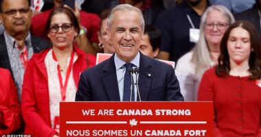 Canada Prime Minister Mark Carney (pictured) warned that Donald Trump is 'trying to break us so that America can own us' in his victory speech after his Liberals won the federal election Monday