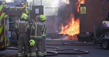 Flames and billowing clouds of dark smoke were seen soaring into the sky from Victoria Passage in Aberdeen Place near Paddington this morning (pictured)