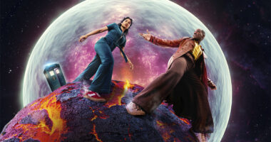 Varada Sethu and Ncuti Gatwa astride an alien planet with a moon behind them in the Doctor Who season 2 poster