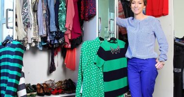 Jo Elvin at home with her wardrobe. Jo has acumulated a huge collection over the years