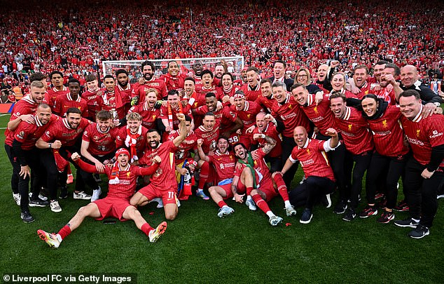 Liverpool players and staff posed for a group photo after winning the Premier League title