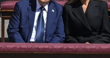 Melania Trump had to step in and help Donald Trump through an awkward moment at Pope Francis ' funeral today after the US president nearly committed a diplomatic faux pas