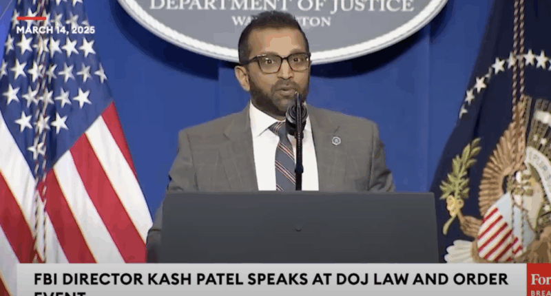 FBI Director Kash Patel speaks at DOJ event.