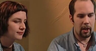 A video clip from the 2000s ranking the 'coolest' websites of the era has caused commotion three decades later (Pictured: presenters Gia Milinovich and Tom Lanham)