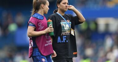 Kerr ruptured her anterior cruciate ligament in early 2024 and it was thought it would take up to a year for her to recover - but on Saturday she was still stuck on the sidelines as her Chelsea team faced Barcelona in the Champions League (pictured)