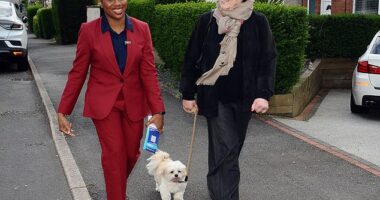 After weeks of uncertain performances in the Commons, Kemi Badenoch skewered the Prime Minister on the question of the Supreme Court ruling on women, accusing him of ‘moral cowardice’ and of having ‘no balls’. Pictured: Daily Mail Columnist Sarah Vine and her dog Muffin join Conservative Party Leader Kemi Badenoch canvassing in Mansfield on Thursday
