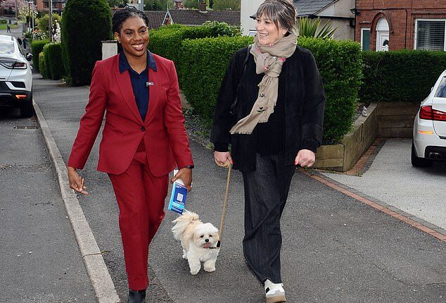 After weeks of uncertain performances in the Commons, Kemi Badenoch skewered the Prime Minister on the question of the Supreme Court ruling on women, accusing him of ‘moral cowardice’ and of having ‘no balls’. Pictured: Daily Mail Columnist Sarah Vine and her dog Muffin join Conservative Party Leader Kemi Badenoch canvassing in Mansfield on Thursday