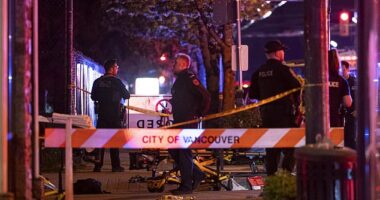 Vancouver police secure the scene after a car drove into a crowd at the Lapu Lapu Festival in Vancouver on Saturday April 26, 2025