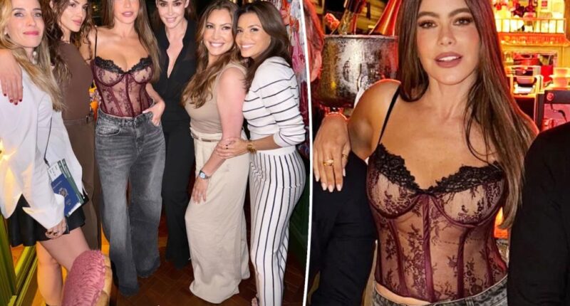 Sofia Vergara rocks lace bustier top in Madrid with Eva Longoria