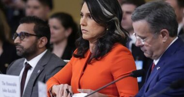 Director of National Intelligence Tulsi Gabbard, flanked by FBI Director Kash Patel, left, and CIA Director John Ratcliffe