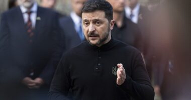 Ukrainian President Volodymyr Zelensky speaks to the media during a visit to the site of a Russian missile strike on a residential area in Kyiv, Ukraine, 25 April 2025