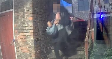 Chilling footage shows the victim of a knife attack walking down the steps towards her front door while carrying a backpack and a handbag