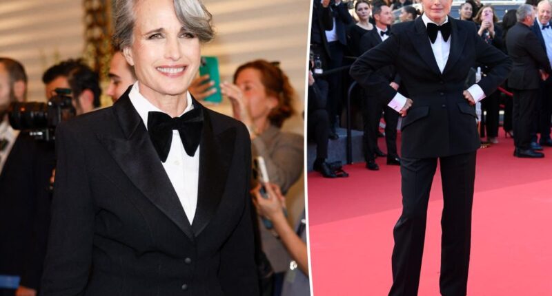 Andie MacDowell suits up in classic tuxedo on Cannes Film Festival 2025 red carpet