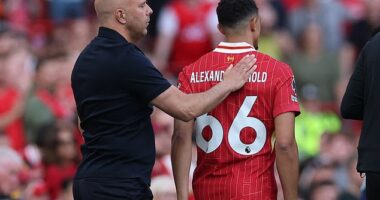Arne Slot (L) says Liverpool need to draw a line under the Trent Alexander-Arnold (R) chatter