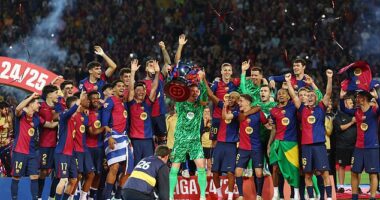 Barcelona captain Marc-Andre ter Stegen lifts the trophy after Sunday's clash with Villarreal
