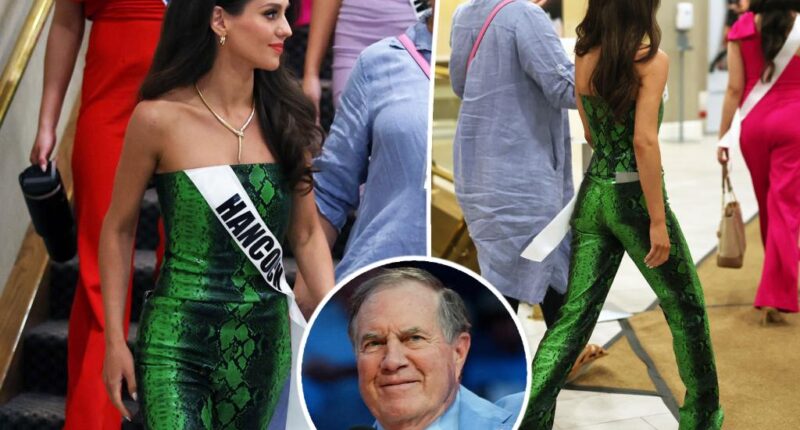 Bill Belichick's girlfriend, Jordon Hudson, goes glam in green snakeskin pantsuit for Miss Maine pageant