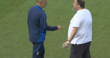 Nottingham Forest owner Evangelos Marinakis (R) confronted Nuno Espirito Santo on Sunday