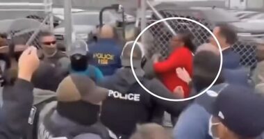 DHS didn't rule out arresting more Democratic elected officials after video emerged of New Jersey Rep. LaMonica McIver (circled in red) shoving at least one member of immigration enforcement at a scuffle outside a detention center on Friday, May 9, 2025
